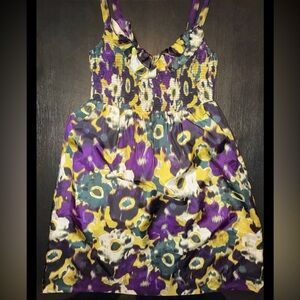 Anthropologie Maeve-Pure Silk Dress,Smocked Bodice,Abstract Floral Yellow,Purple